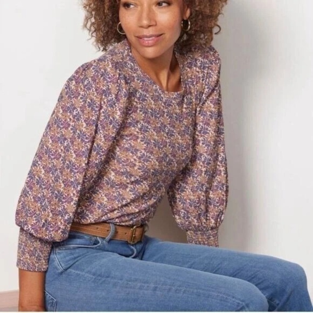 Nation LTD Womens Top S‎ Beige Purple Floral Pima Cotton Blouse Boho Cottagecore